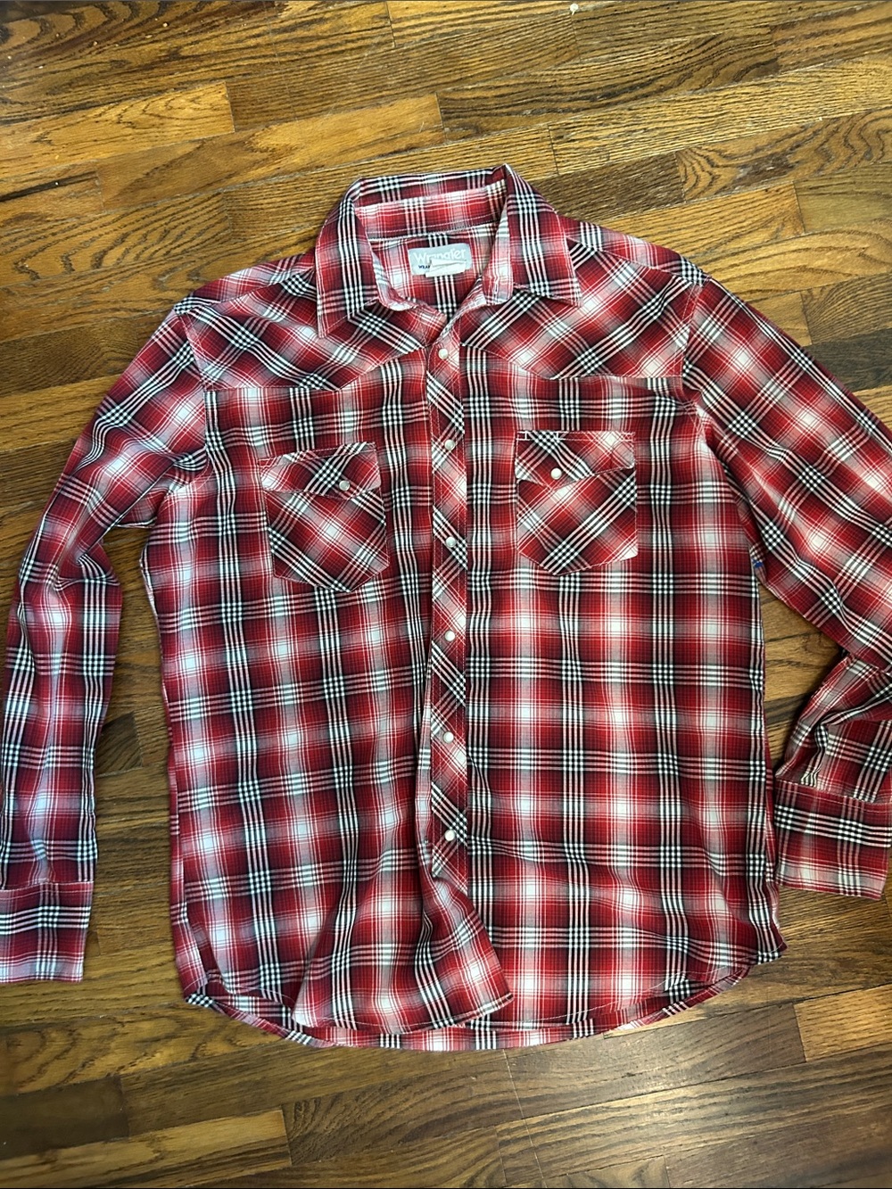 Wrangler Red and White Plaid Western Snap Shirt